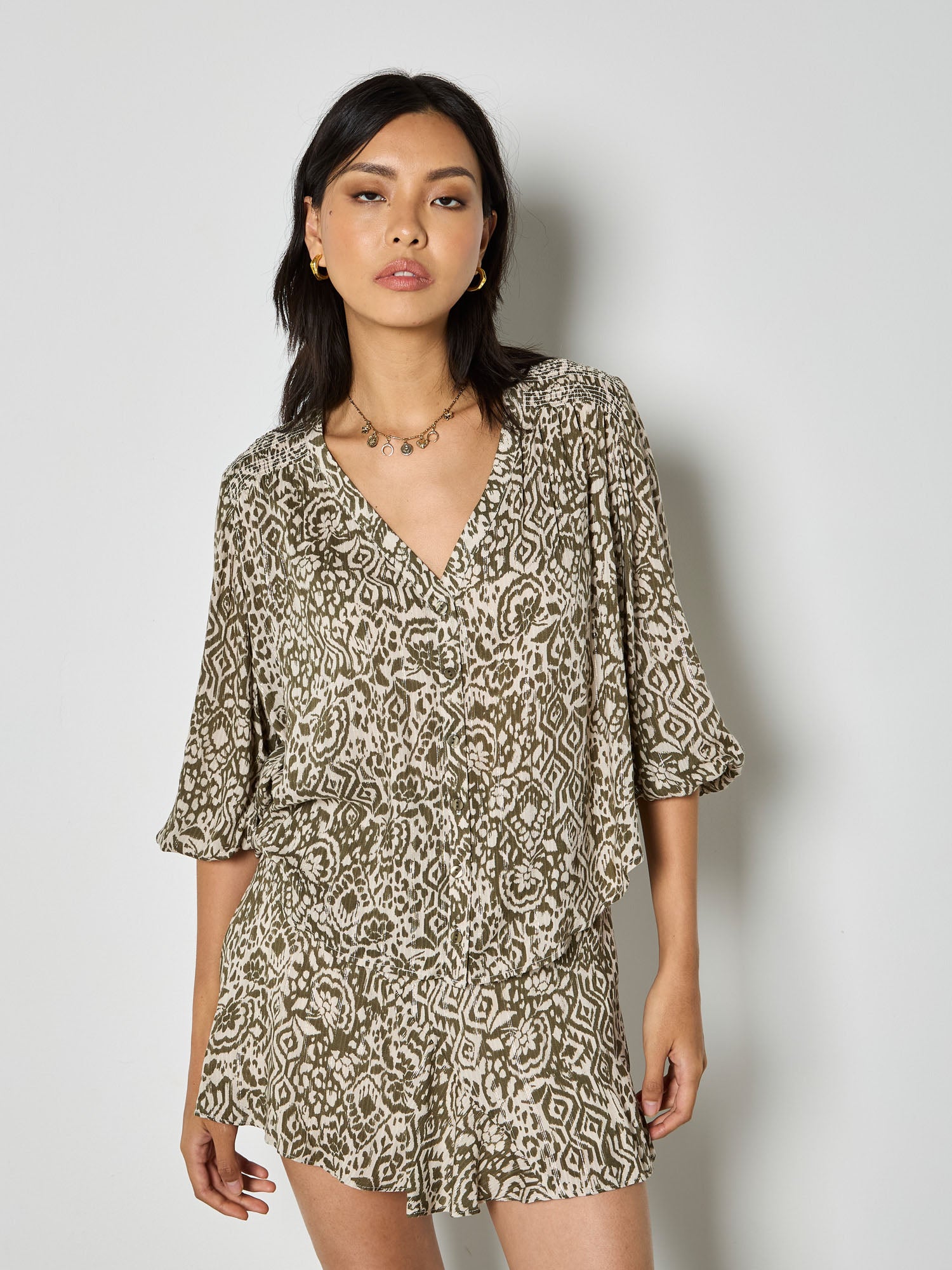 Lurex Jacquard Smocked Blouse