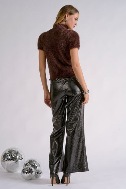 Fur Short-Sleeve Turtleneck Sweater
