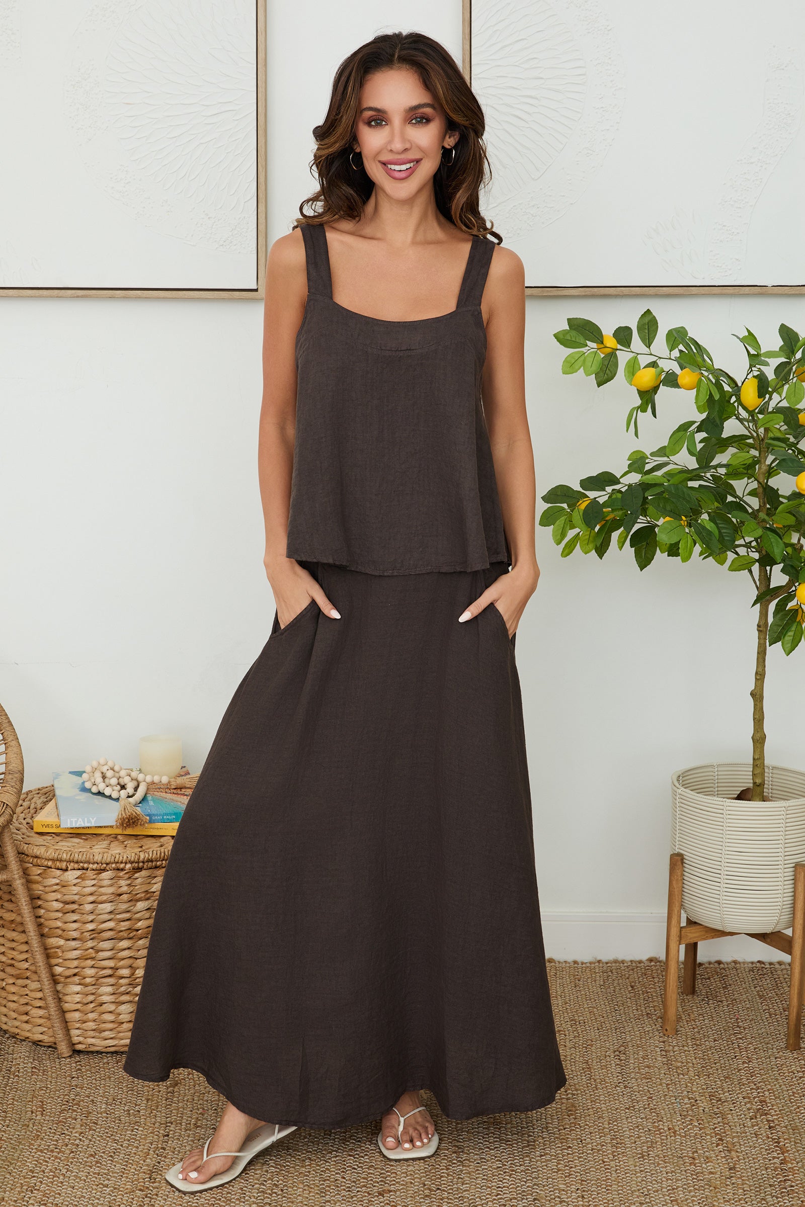 Wide Strap Square Neck Flowy Linen Tank Top