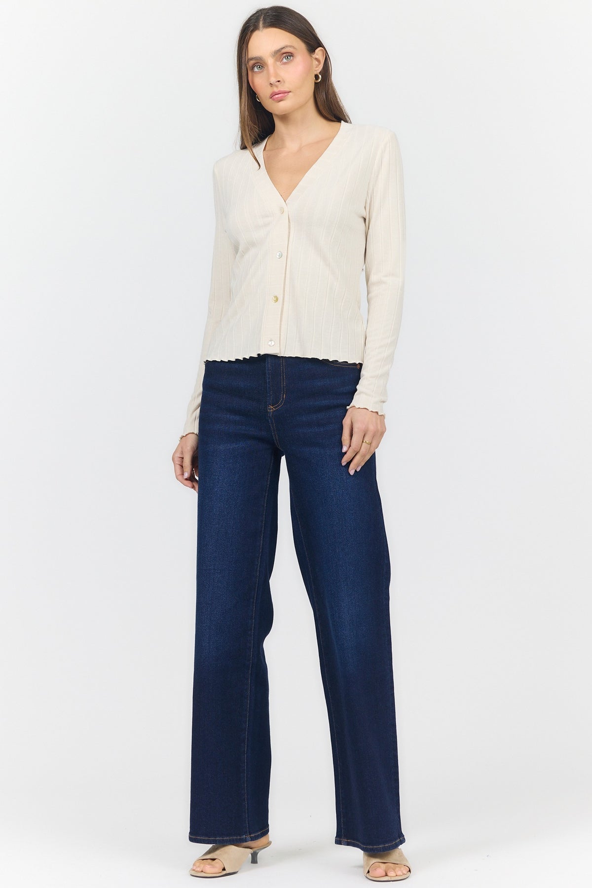 Ribbed Holland Button-Front V-Neck Top