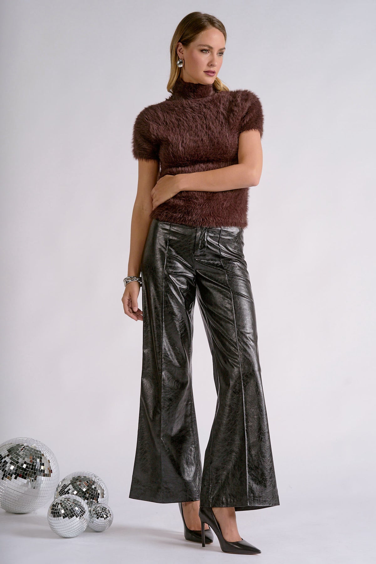 Fur Short-Sleeve Turtleneck Sweater