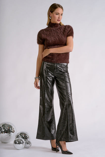 Fur Short-Sleeve Turtleneck Sweater