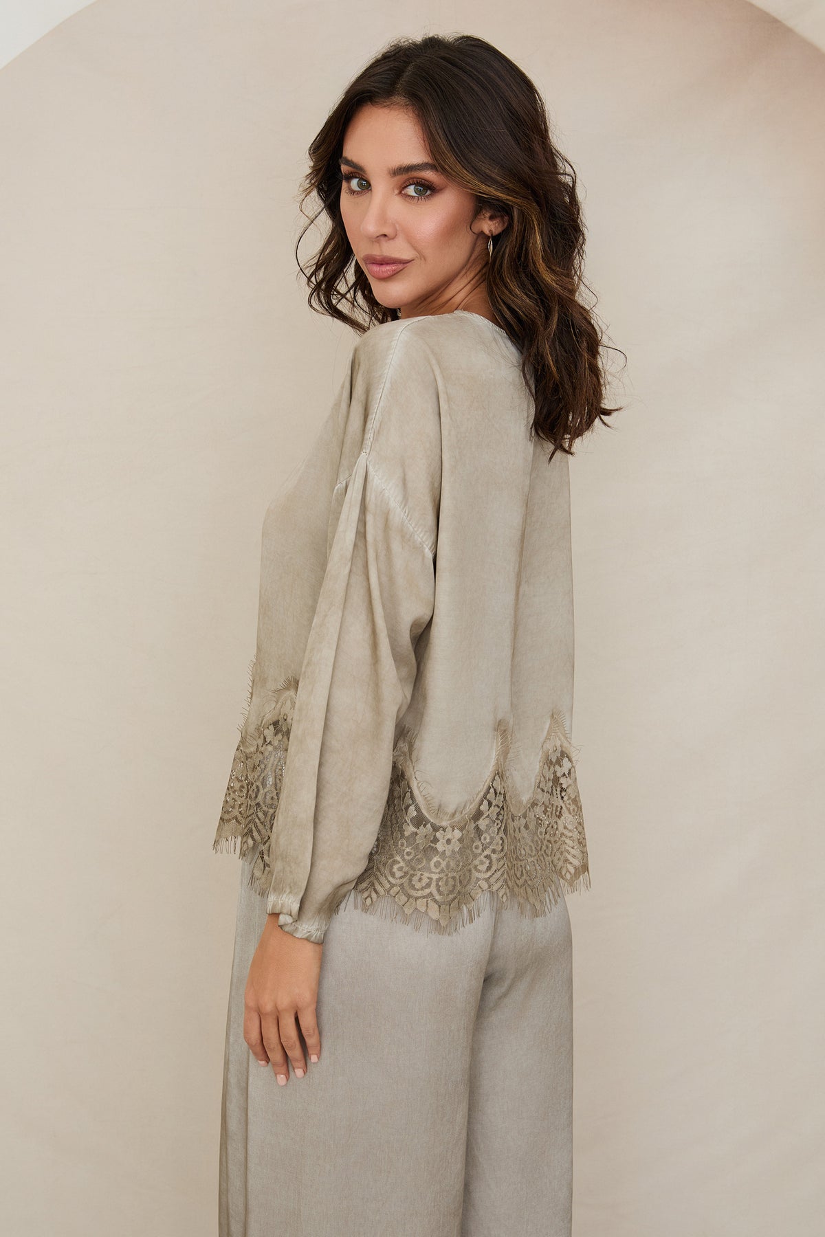 Lace-Trimmed Long Sleeve Blouse