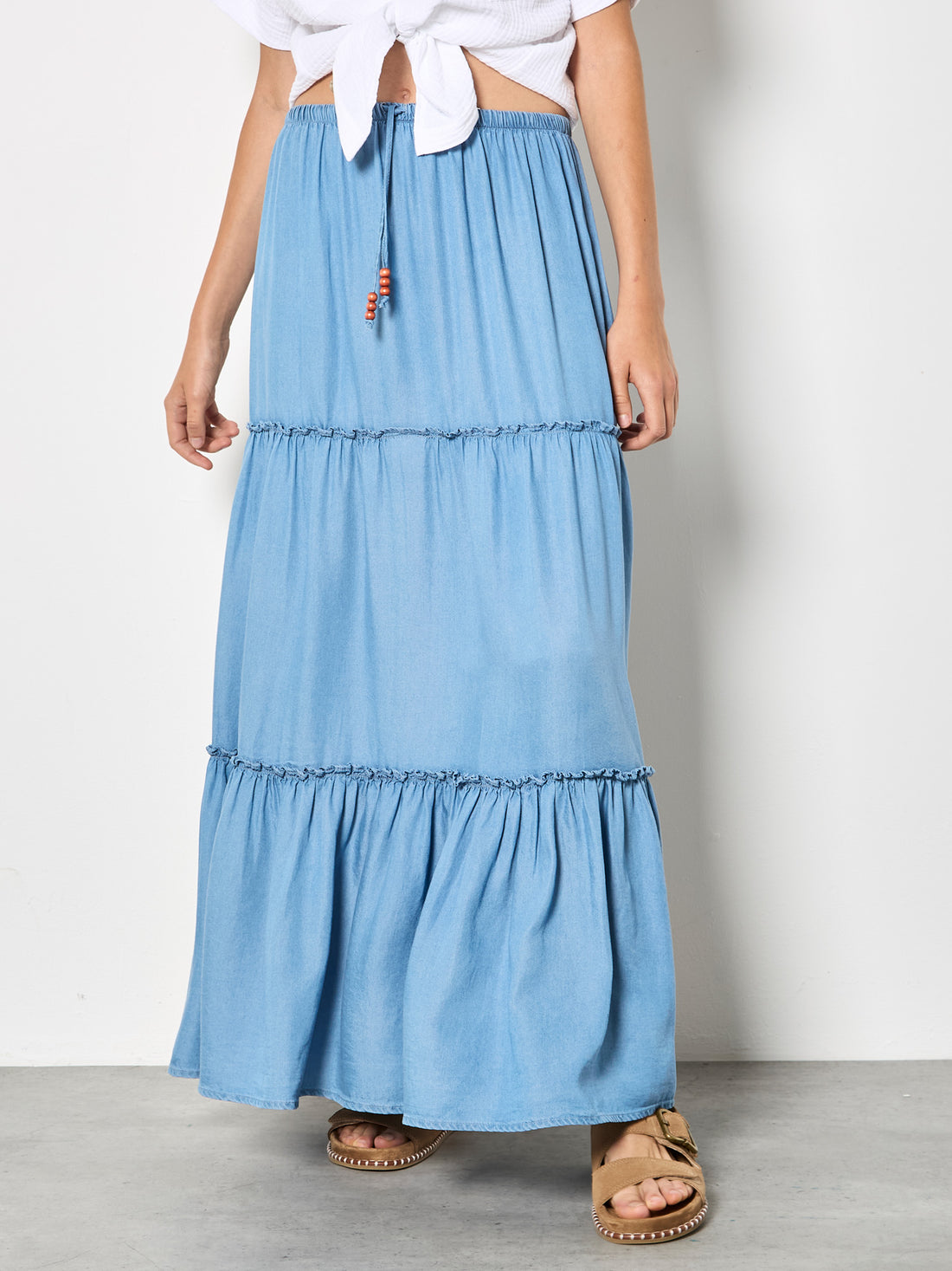 Chambray Tiered Maxi Skirt