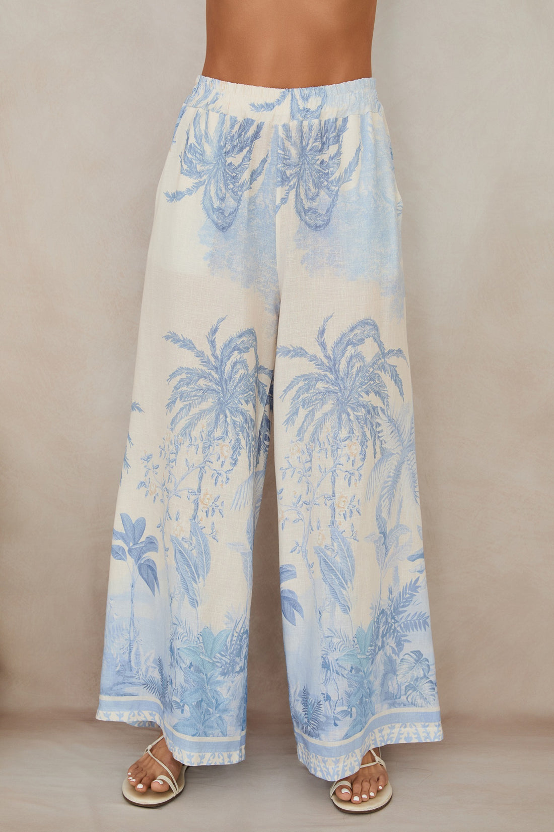 Tropical Palm Tree Wide-Leg Linen Pants