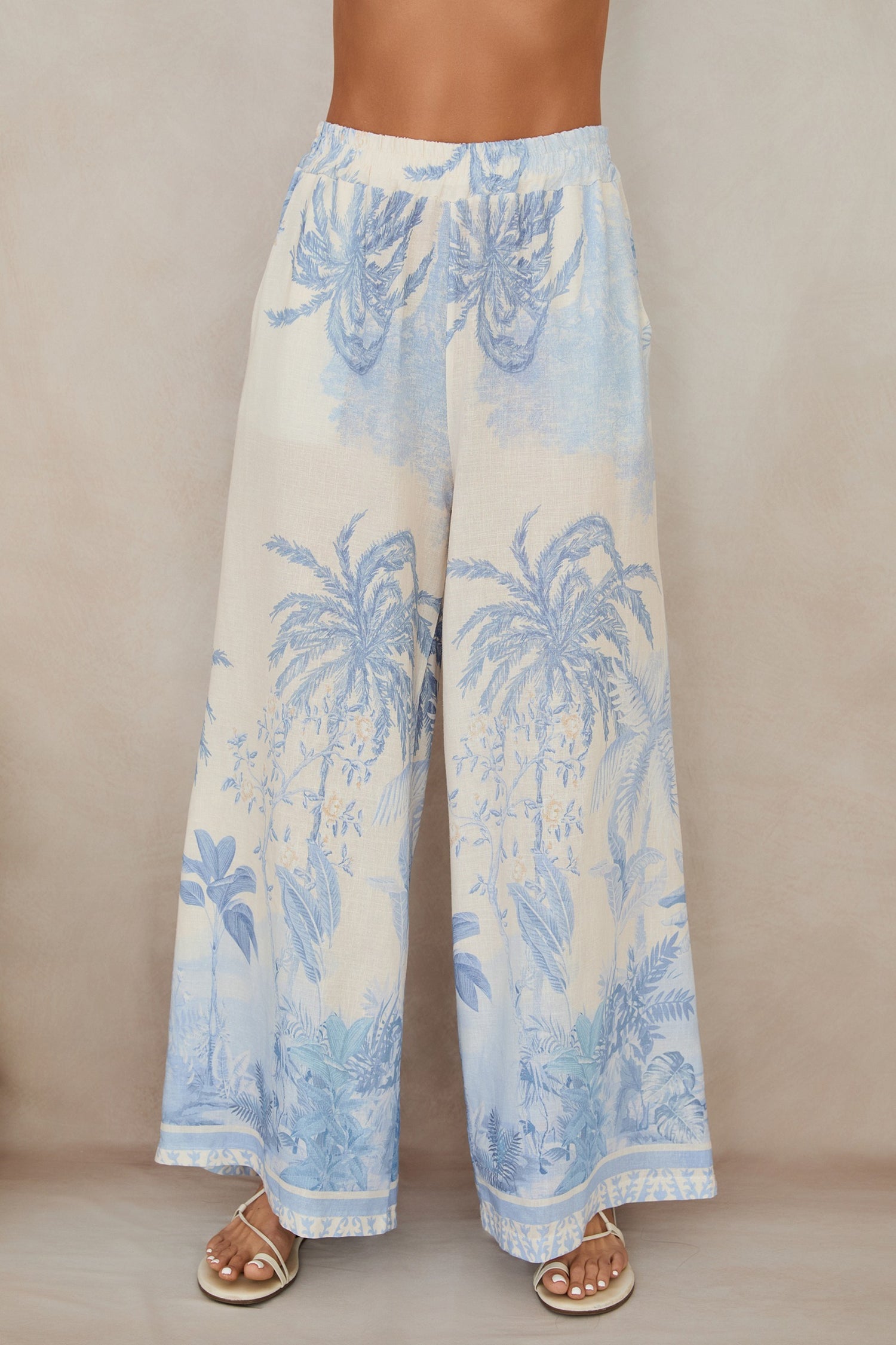 Tropical Palm Tree Wide-Leg Linen Pants