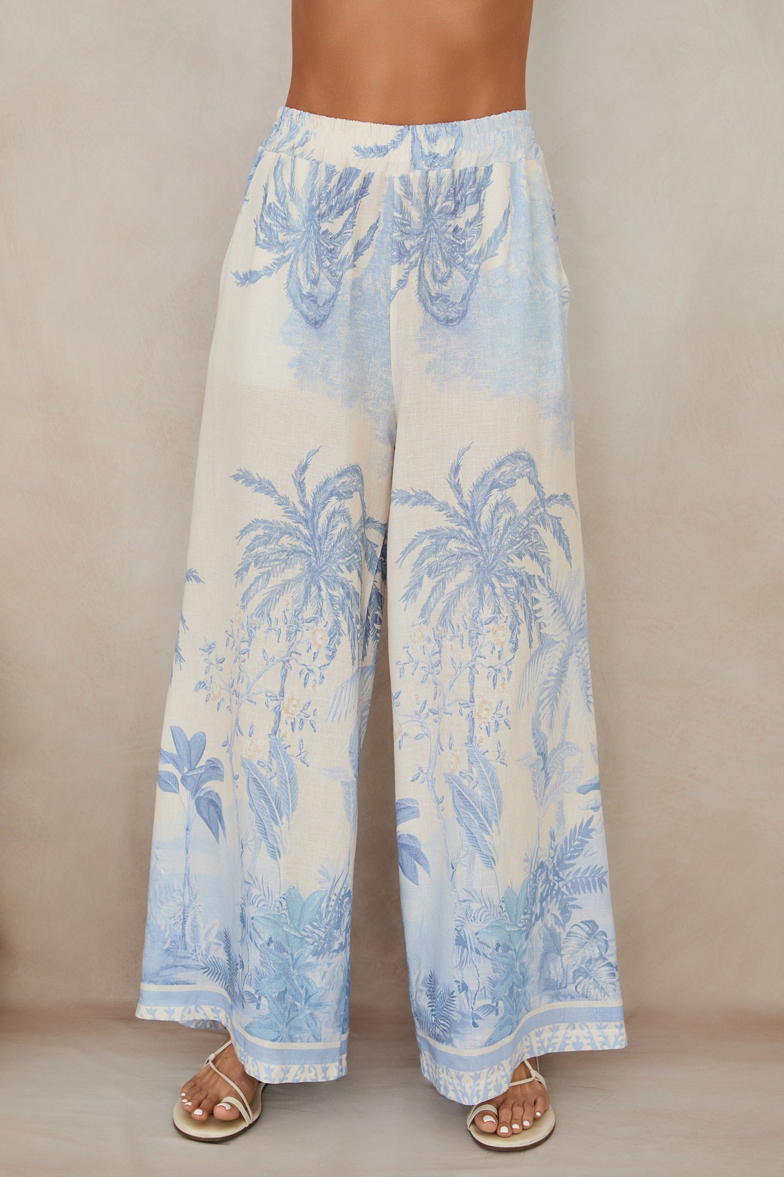 Tropical Palm Tree Wide-Leg Linen Pants