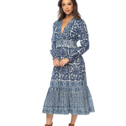 Long sleeve cotton block print dress