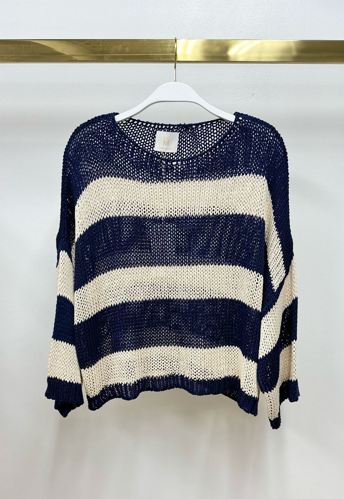 Striped Crew Neck Open Knit Crochet Top
