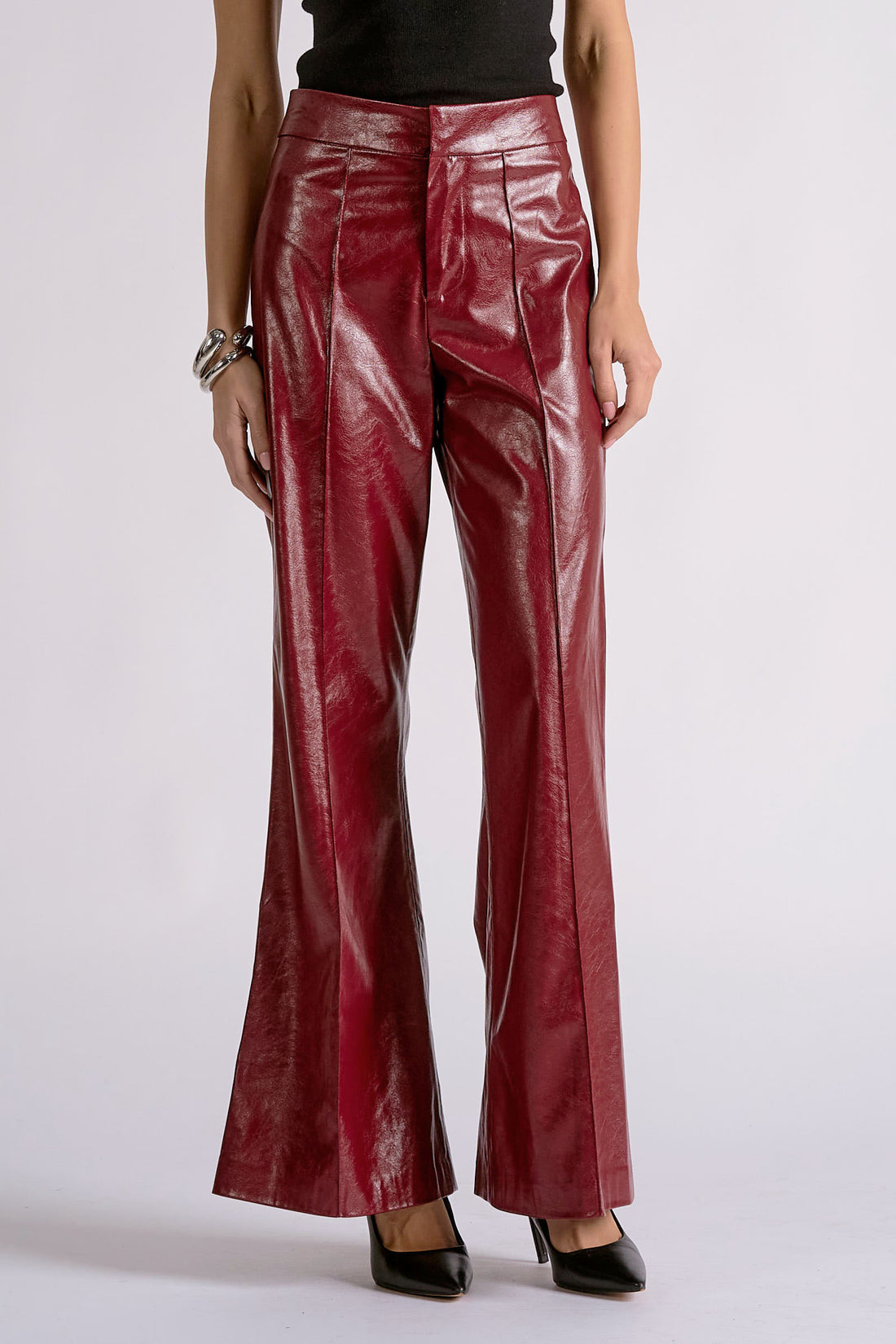 Bold Red Leather Flare Pants