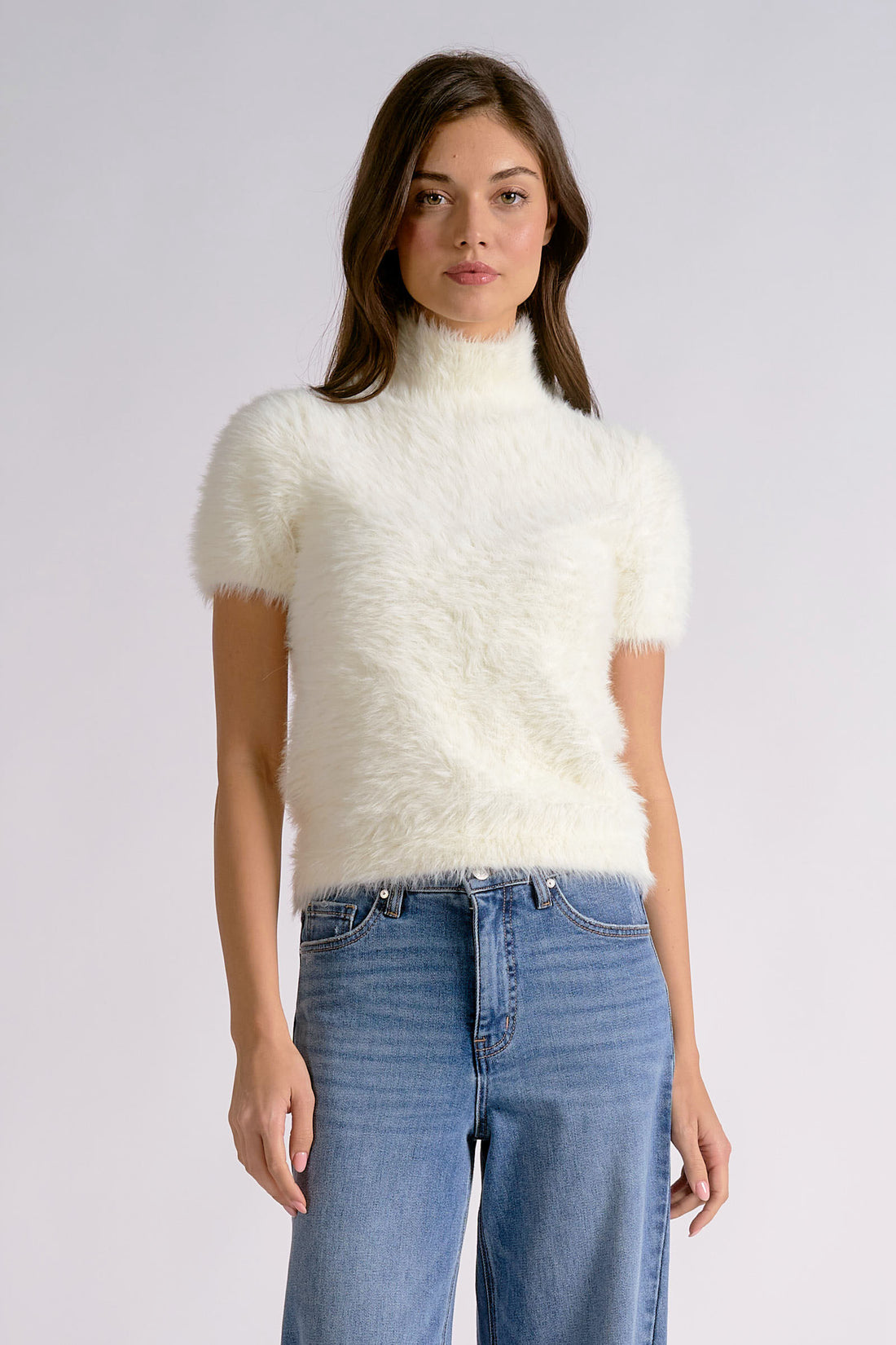 Fur Short-Sleeve Turtleneck Sweater