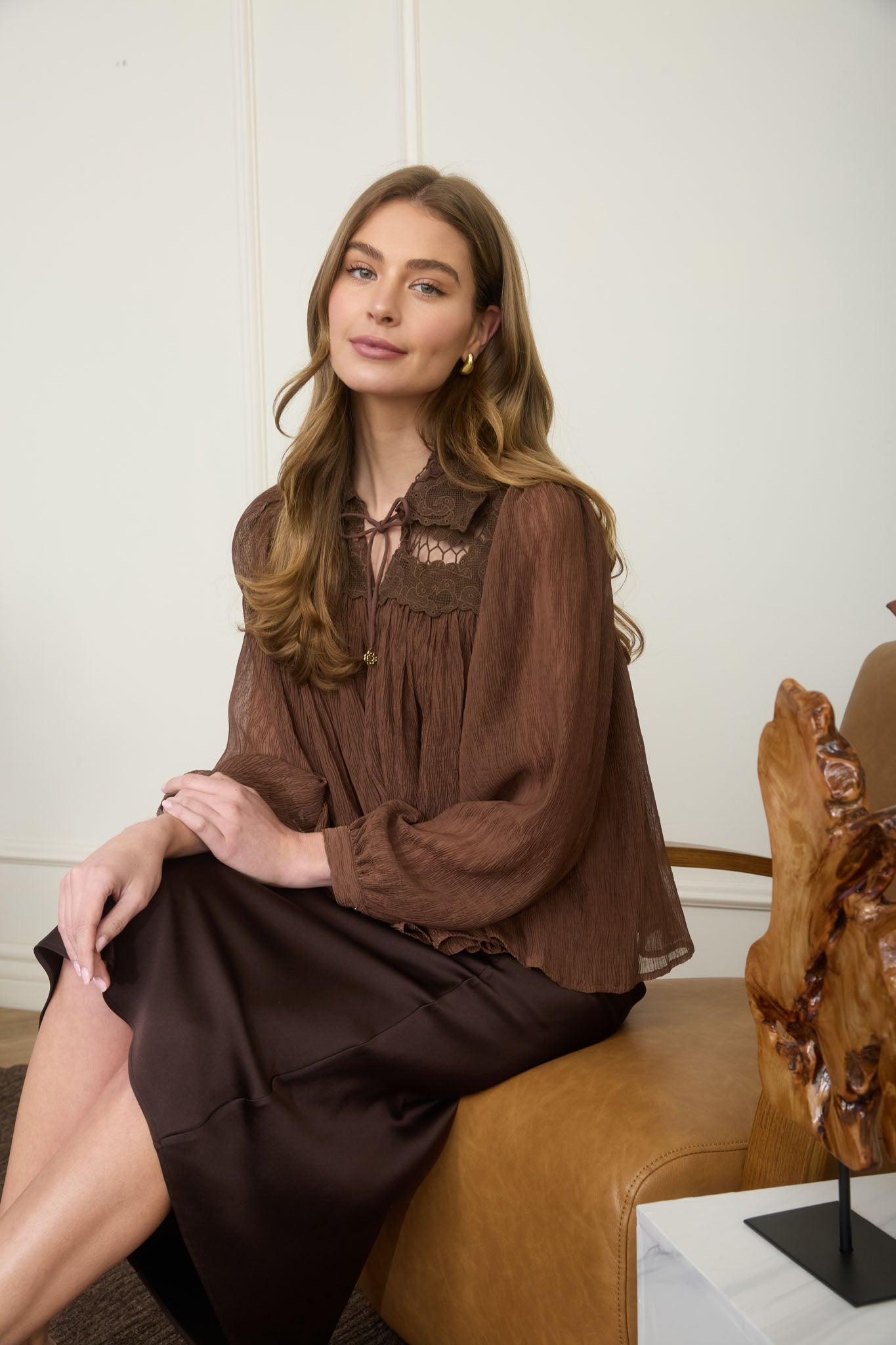 Flowy Lace-Yoke Blouse