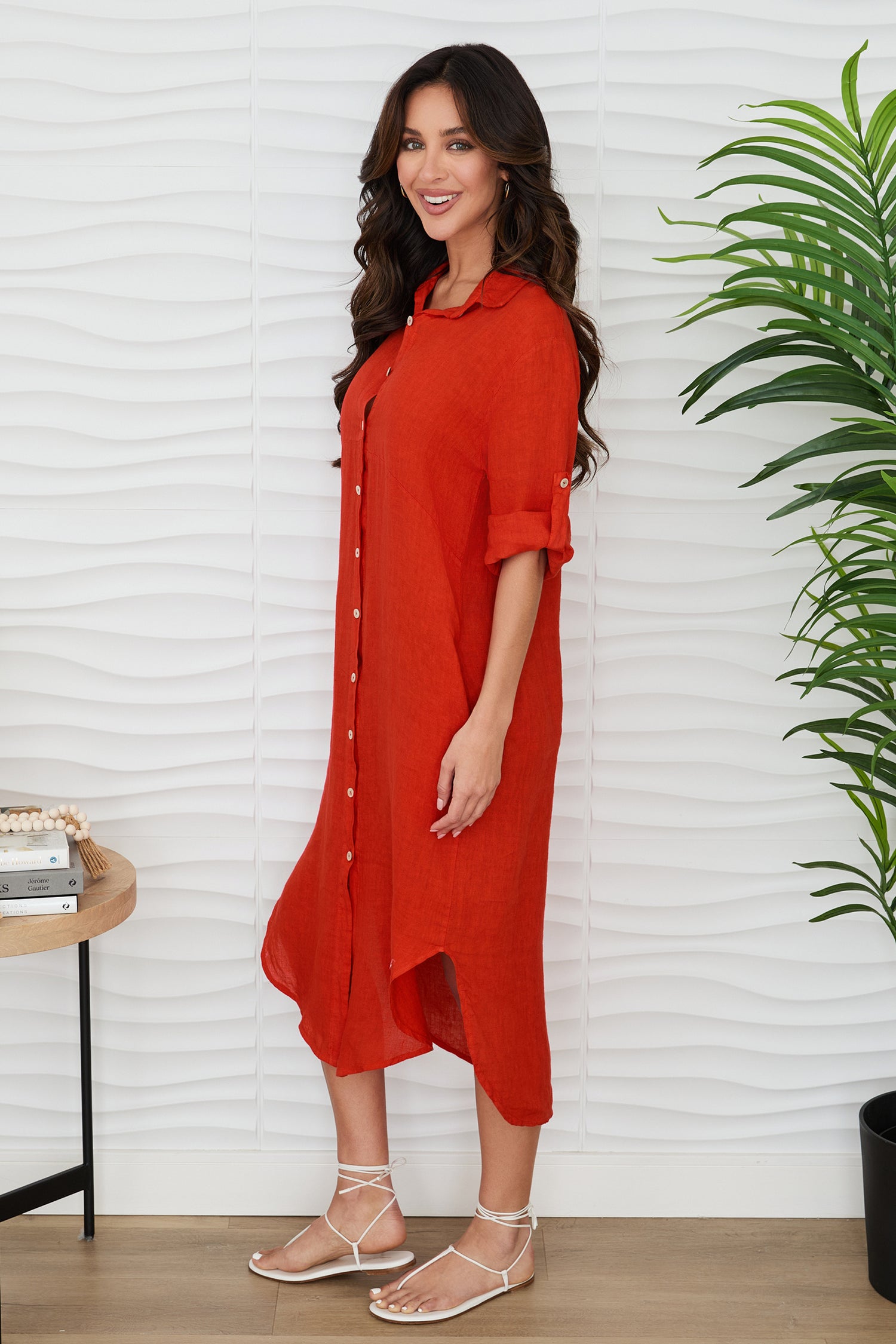 Solid Midi-Length Button-Down Linen Dress