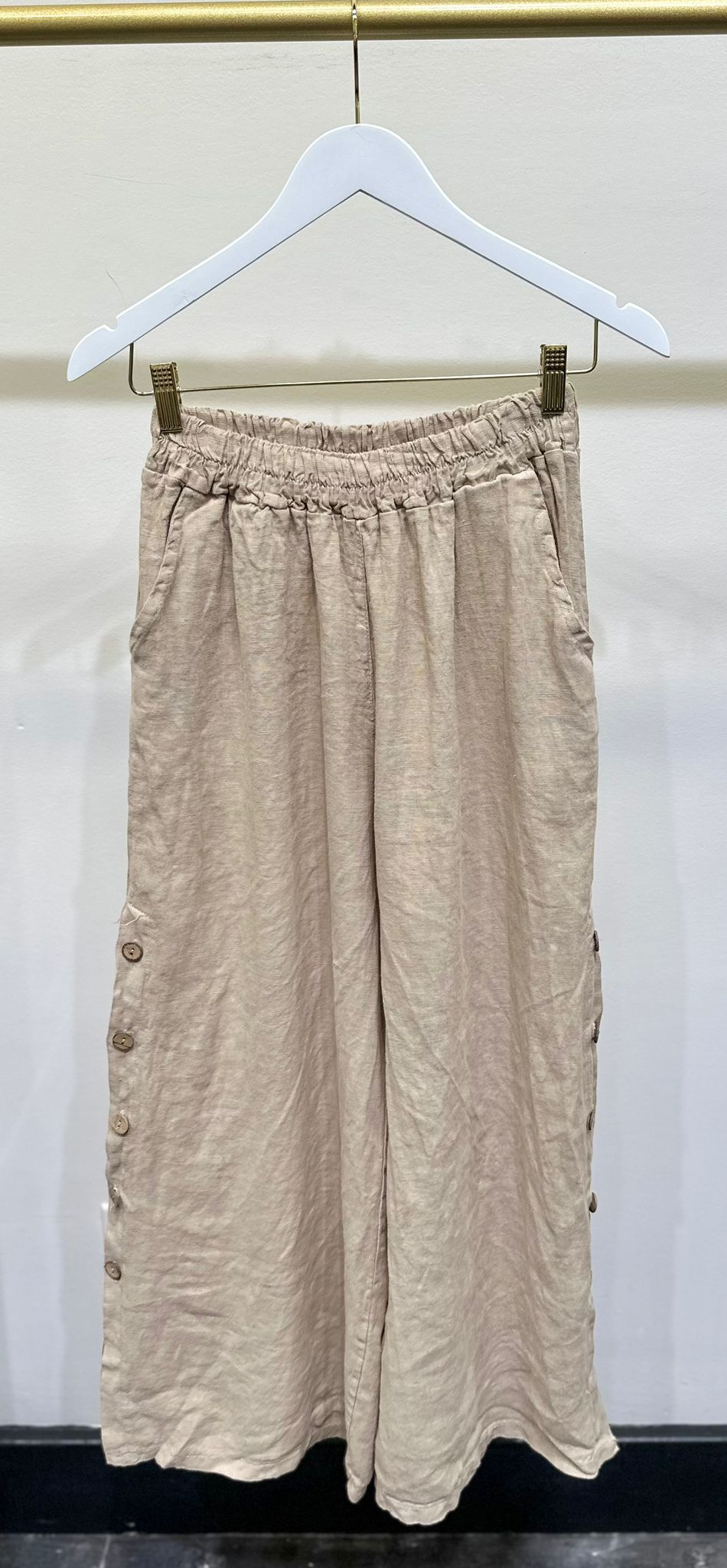 Wide-Leg Side Button Linen Pants with Pockets