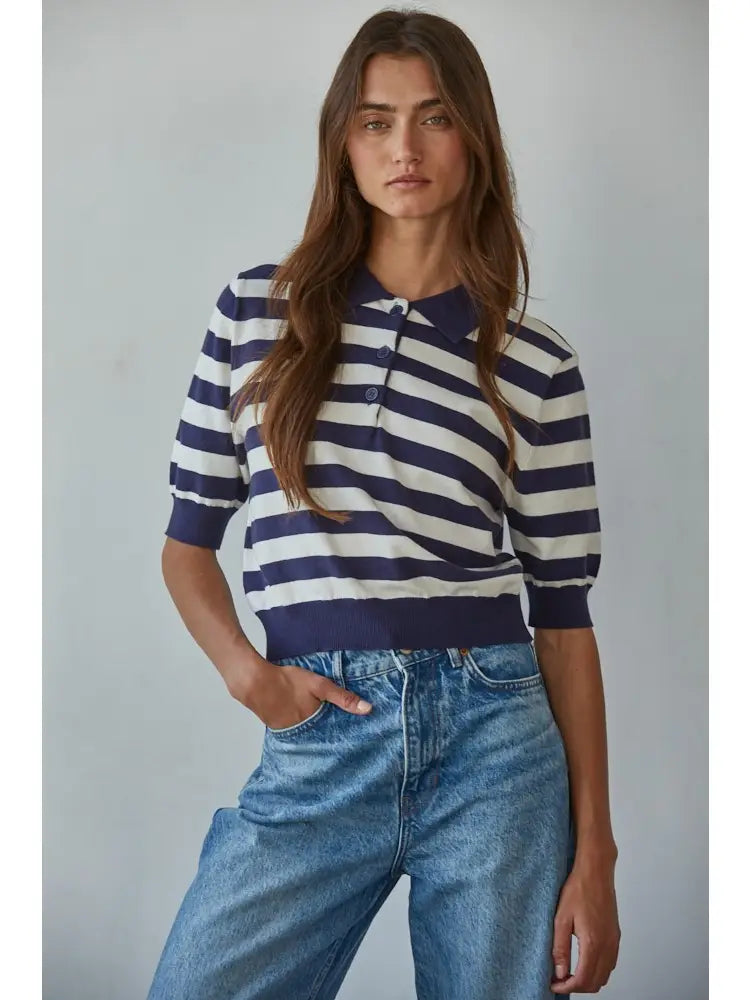 Striped Half Button Up Top