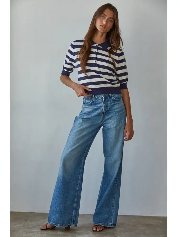 Striped Half Button Up Top