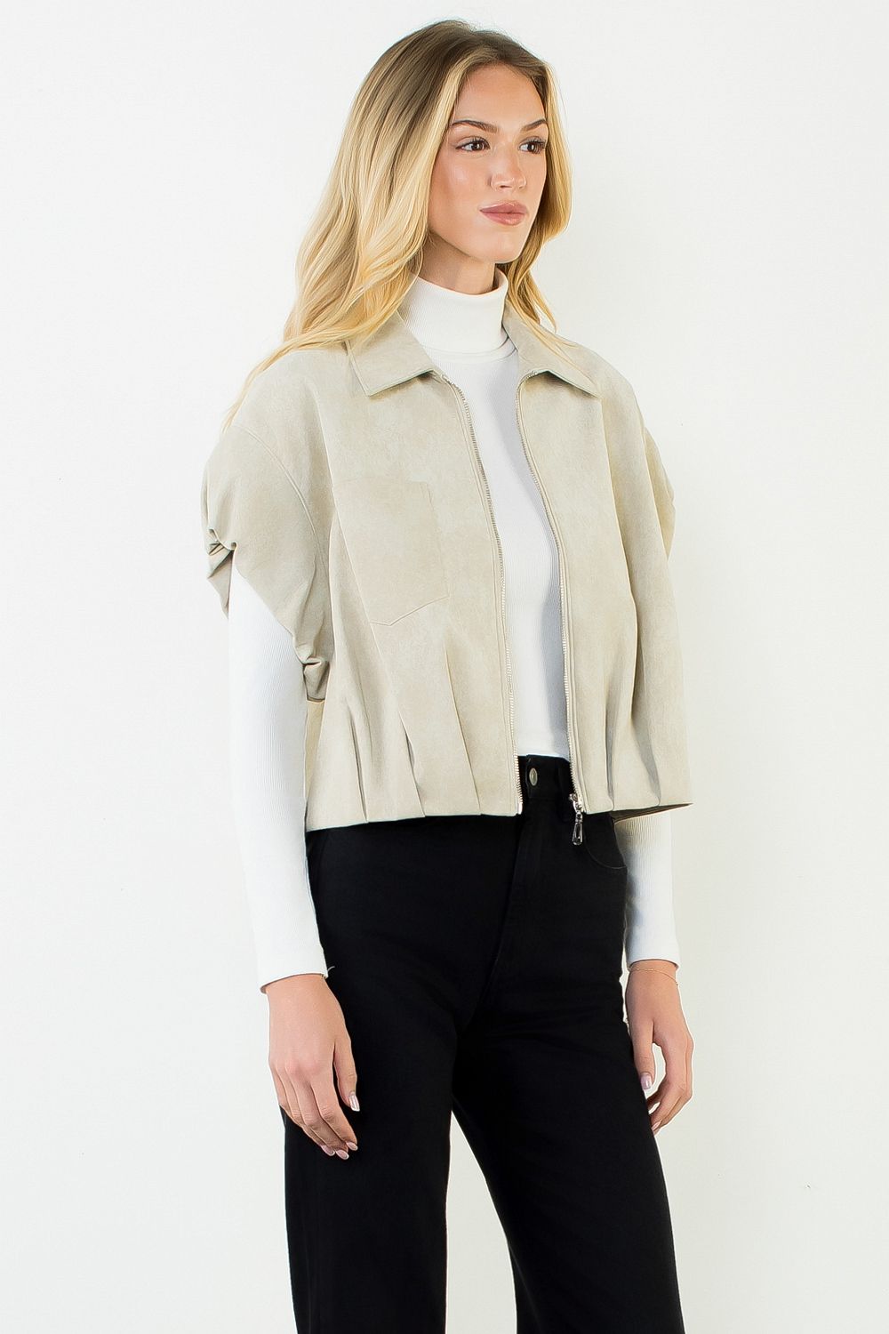 Short-Sleeve Suede Zip Jacket