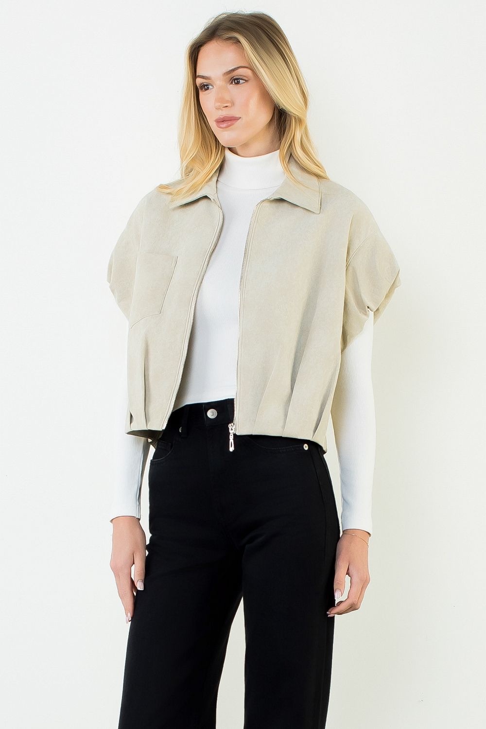 Short-Sleeve Suede Zip Jacket