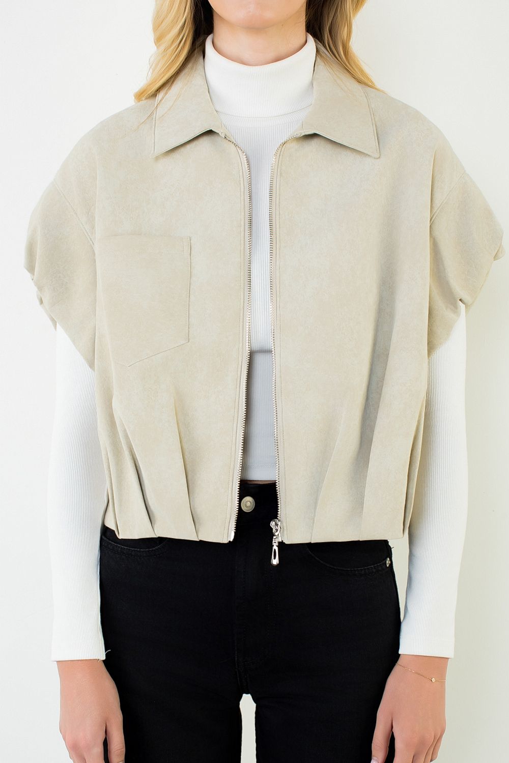 Short-Sleeve Suede Zip Jacket