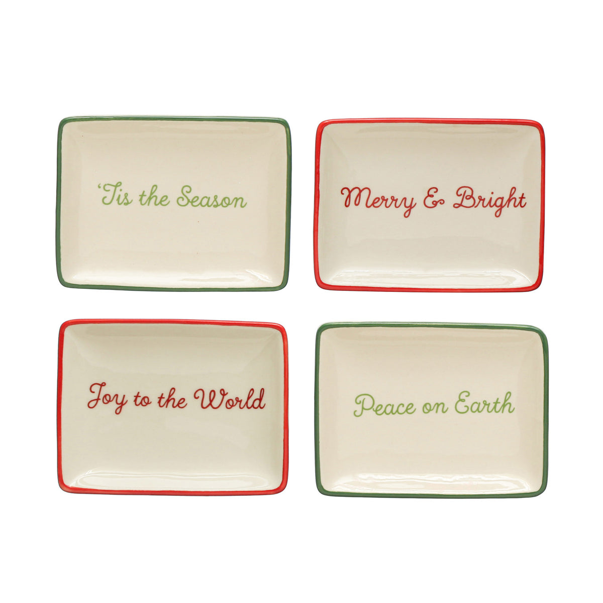 4"L x 3"W Stoneware Dish w/ Holiday Words &amp; Red/Green Rim, Cream Color, 4 Styles