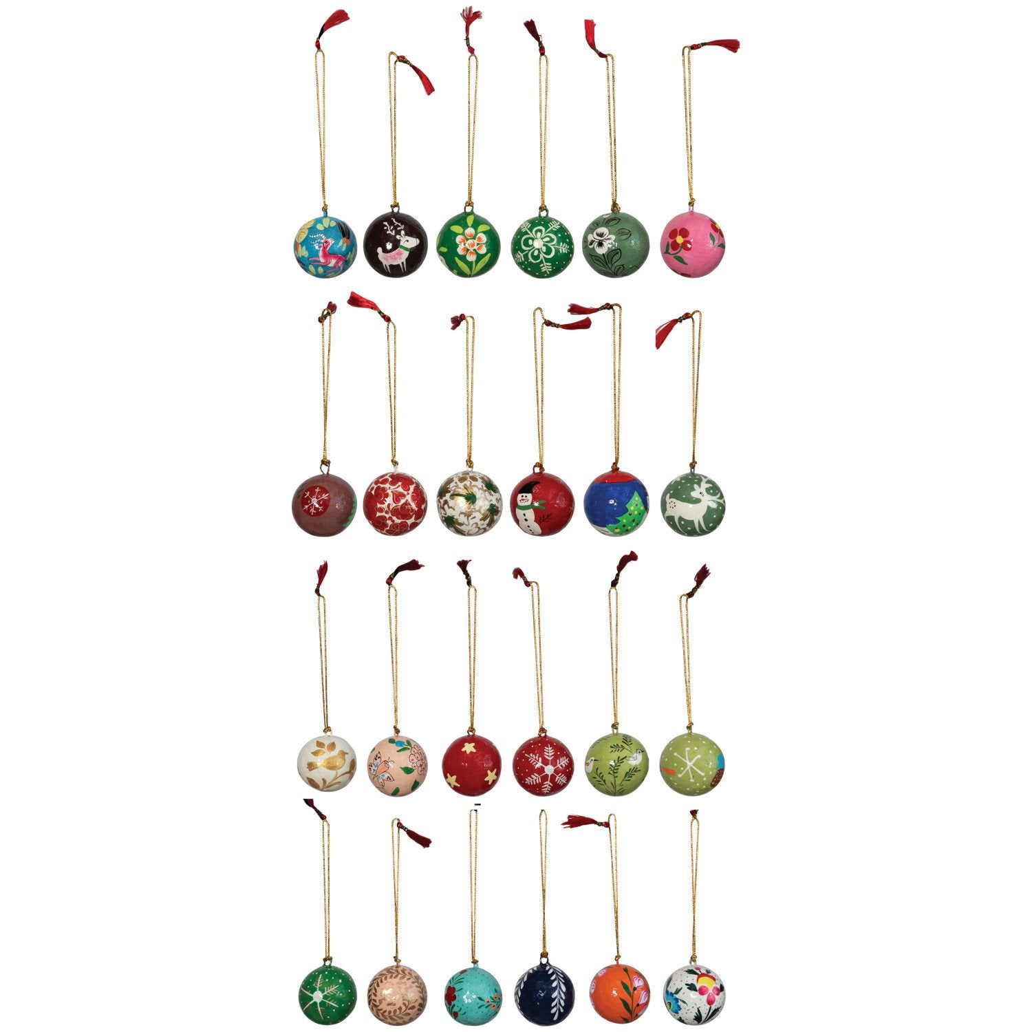 1&quot; Round Hand-Painted Paper Mache Ball Ornaments in Egg Crate, Multi Color, Set of 24