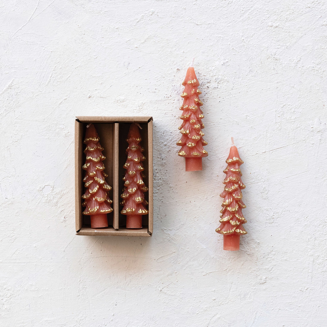 Coral Unscented Tree Shaped Taper Candles with Gold Tips in Box, Set of 2