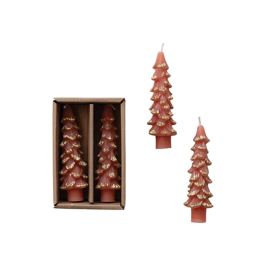 Coral Unscented Tree Shaped Taper Candles with Gold Tips in Box, Set of 2