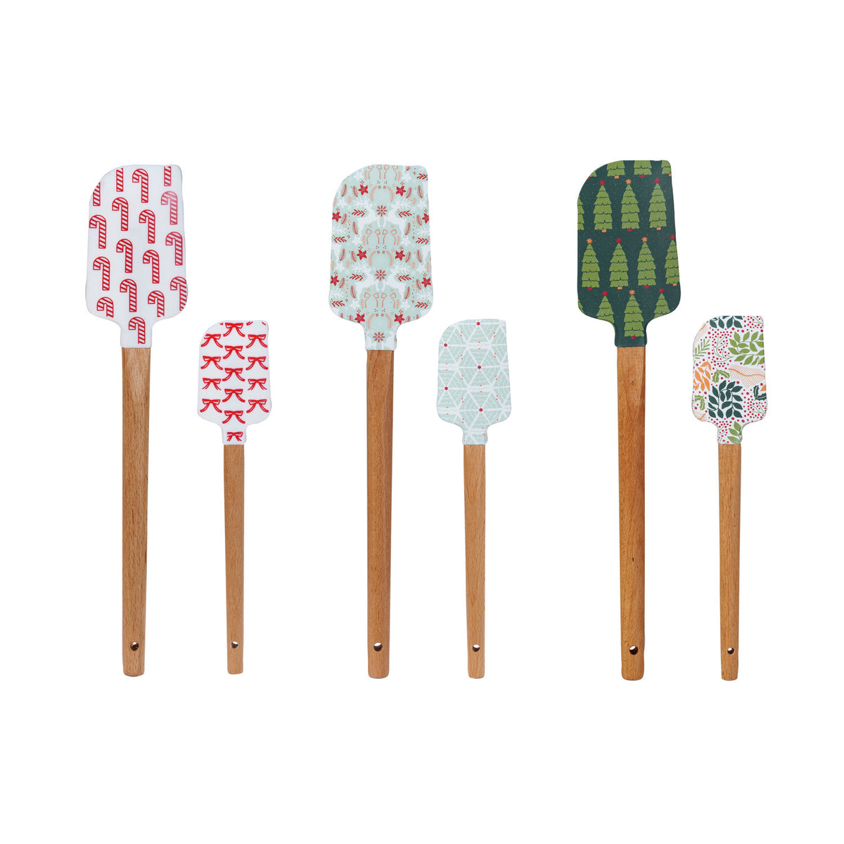 Silicone &amp; Wood Spatulas w/ Holiday Pattern, 6 Styles, Set of 2 Sizes