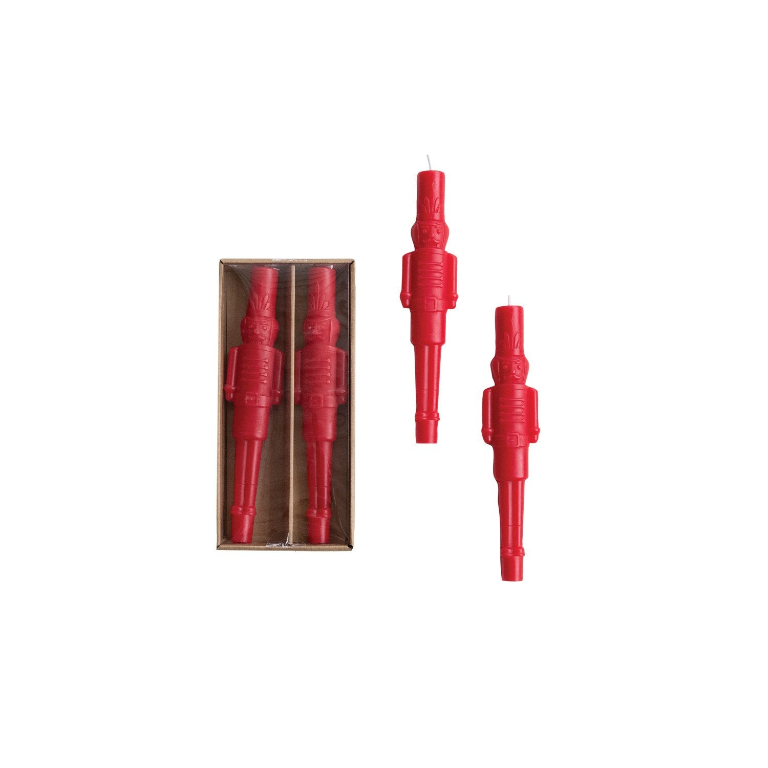 Unscented Nutcracker Shaped Taper Candles in Box, Red, Set of 2