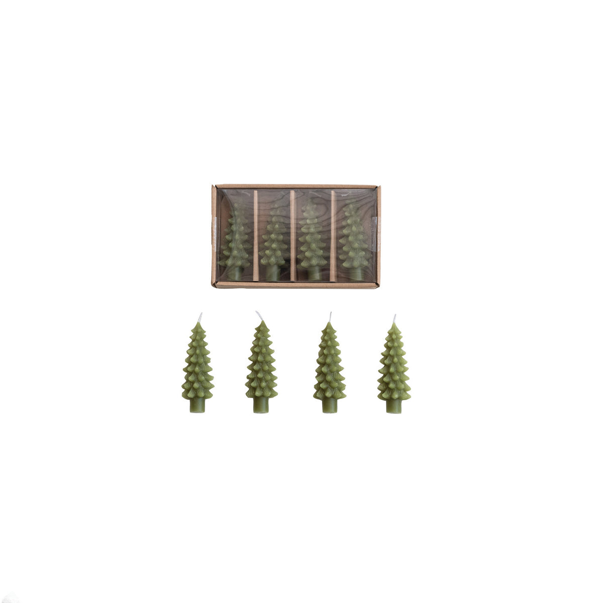 Unscented Tree Shaped Bottle Taper Candles in Box, Green, Set of 4