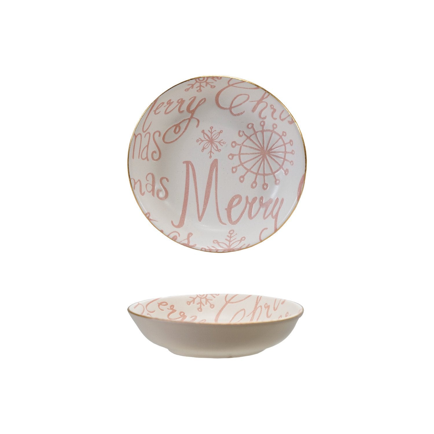 Stoneware Dish with Gold Color Rim &quot;Merry Christmas&quot;, Pink &amp; White