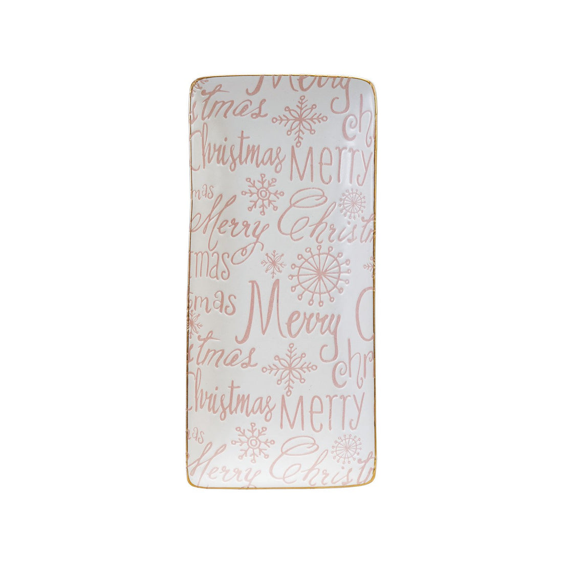 Stoneware Tray with Gold Color Rim &quot;Merry Christmas&quot;, Pink &amp; White