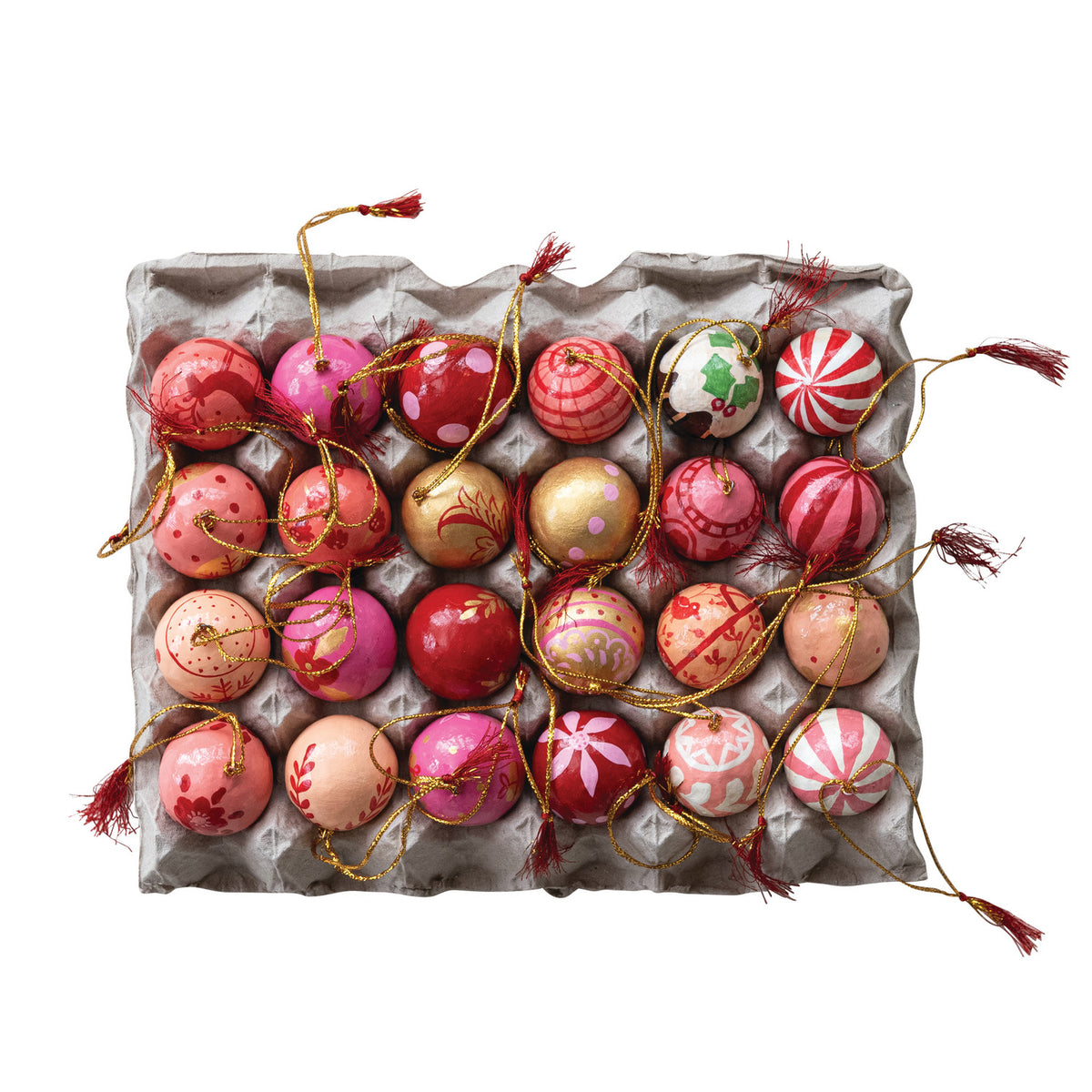 Hand-Painted Paper Mache Ball Ornaments in Egg Crate, Set of 24
