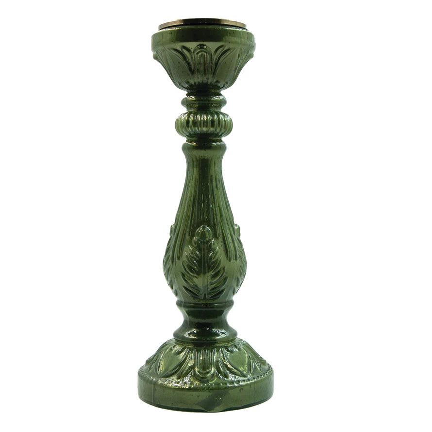 Embossed Mercury Glass Candle Holder, Green (Holds 3&quot; Pillar)
