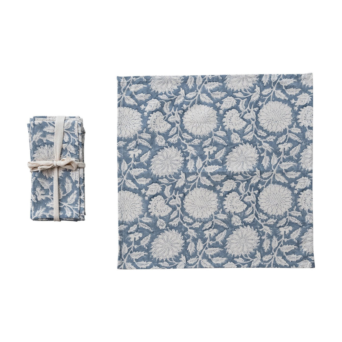 Cotton &amp; Linen Block Printed Napkins with Flowers, Set of 4