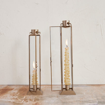 Metal &amp; Glass Lantern Taper Holder, Gold Finish