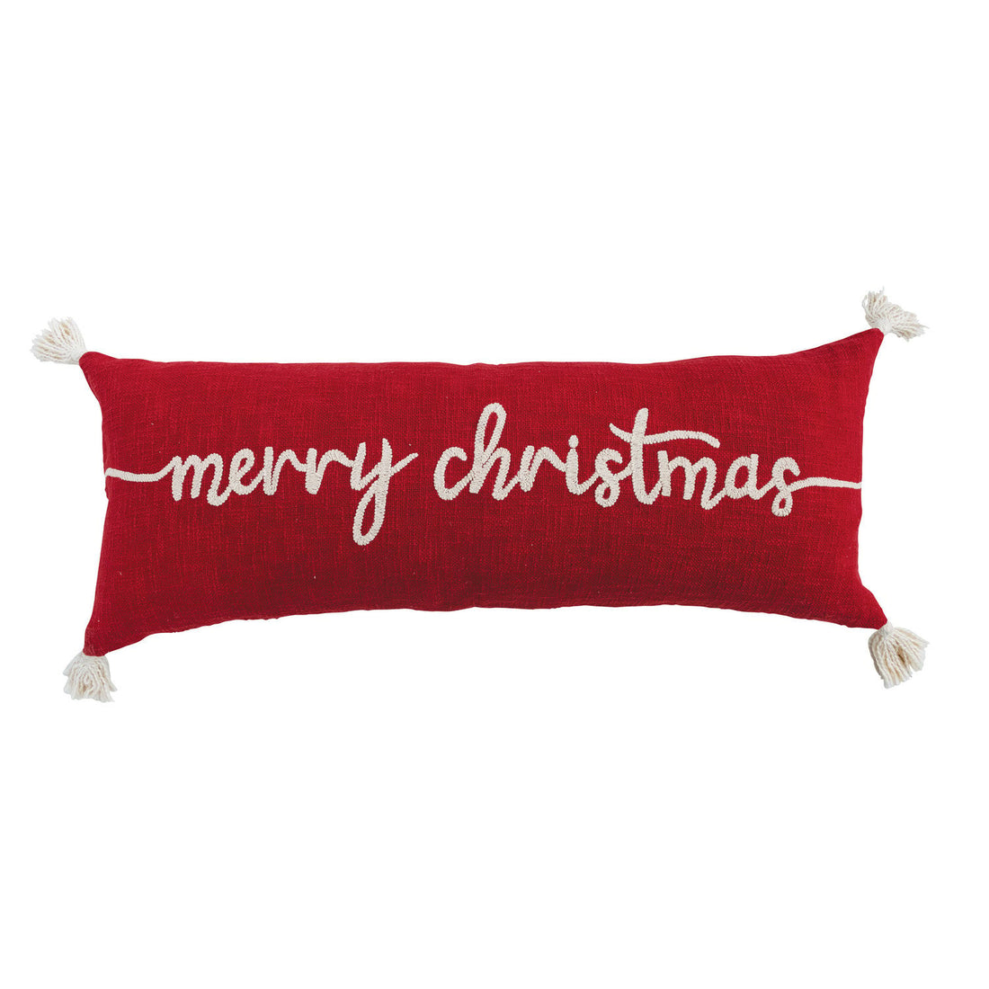 Cotton Lumbar Pillow with Tassels &amp; Embroidered &quot;Merry Christmas&quot;