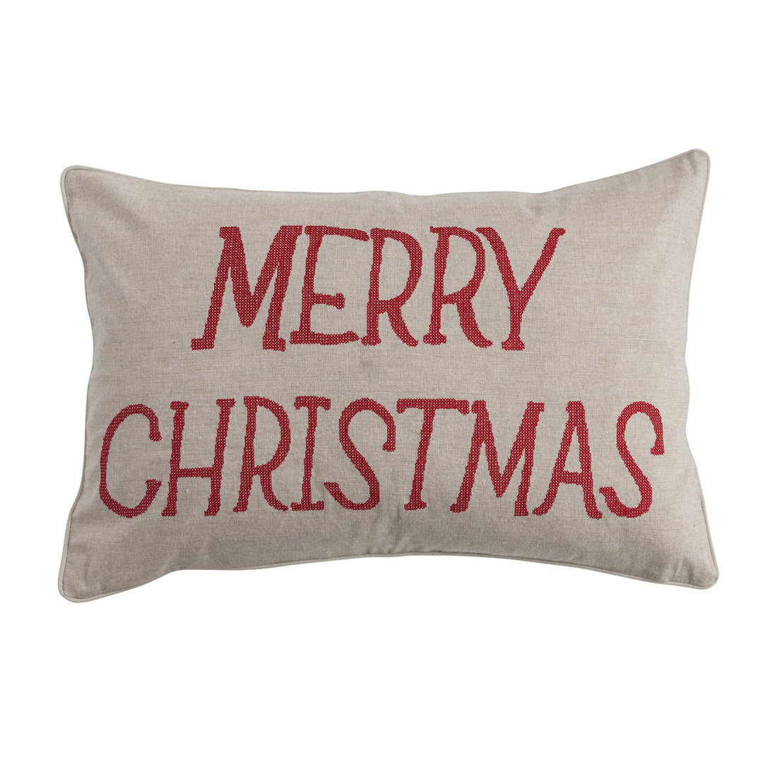 Lumbar Pillow with Embroidered &quot;Merry Christmas&quot;, Natural &amp; Red