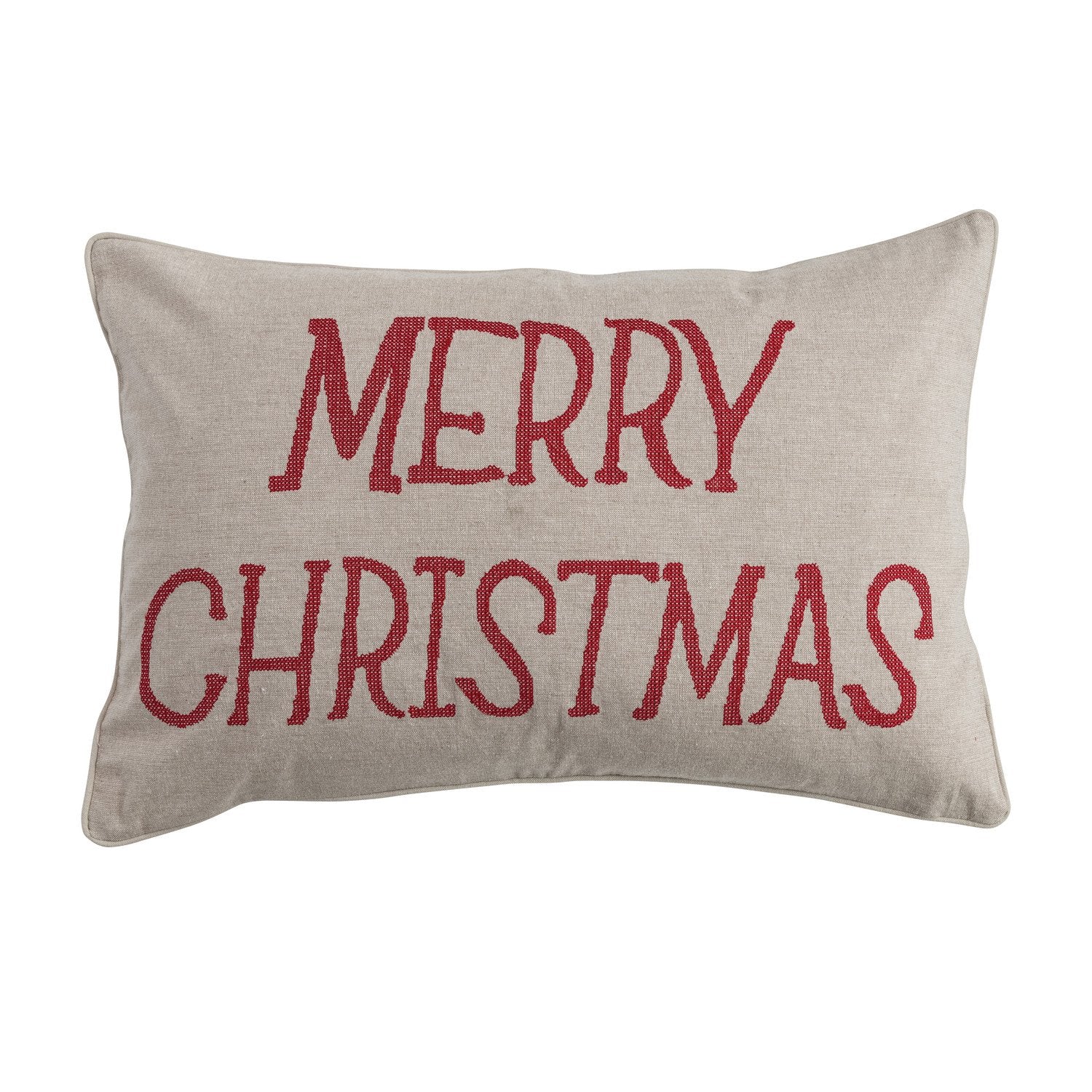 Lumbar Pillow with Embroidered &quot;Merry Christmas&quot;, Natural &amp; Red