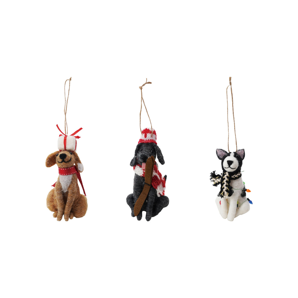 4"H - 5"H Handmade Wool Felt Dog Ornament, Multi Color, 3 Styles