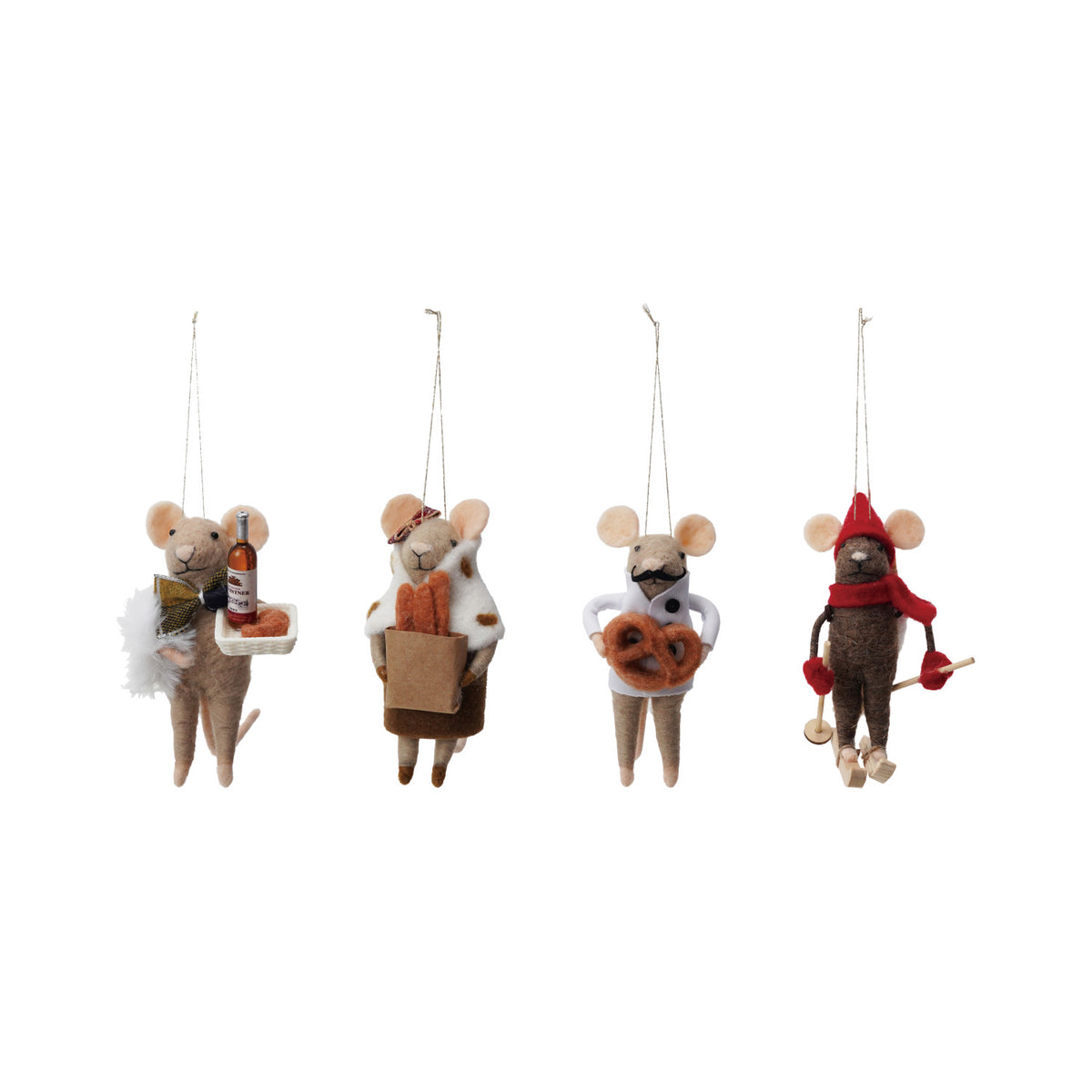 4-3/4"H Handmade Wool Felt Mouse Gourmand Ornament, 4 Styles