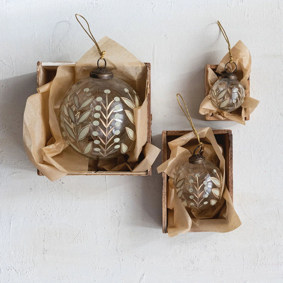 Hand-Painted Etched Glass Ball Ornament with Botanicals Design