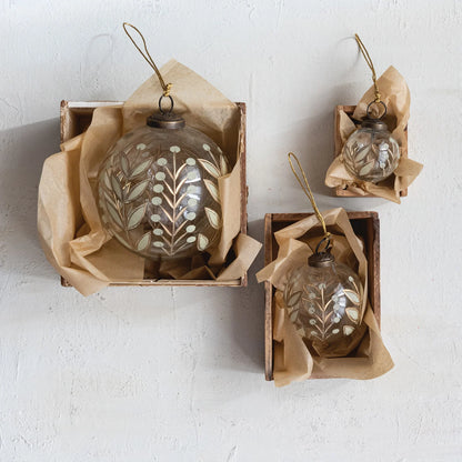 Hand-Painted Etched Glass Ball Ornament with Botanicals Design