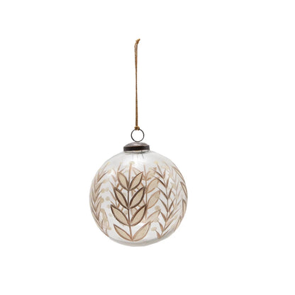 Hand-Painted Etched Glass Ball Ornament with Botanicals Design