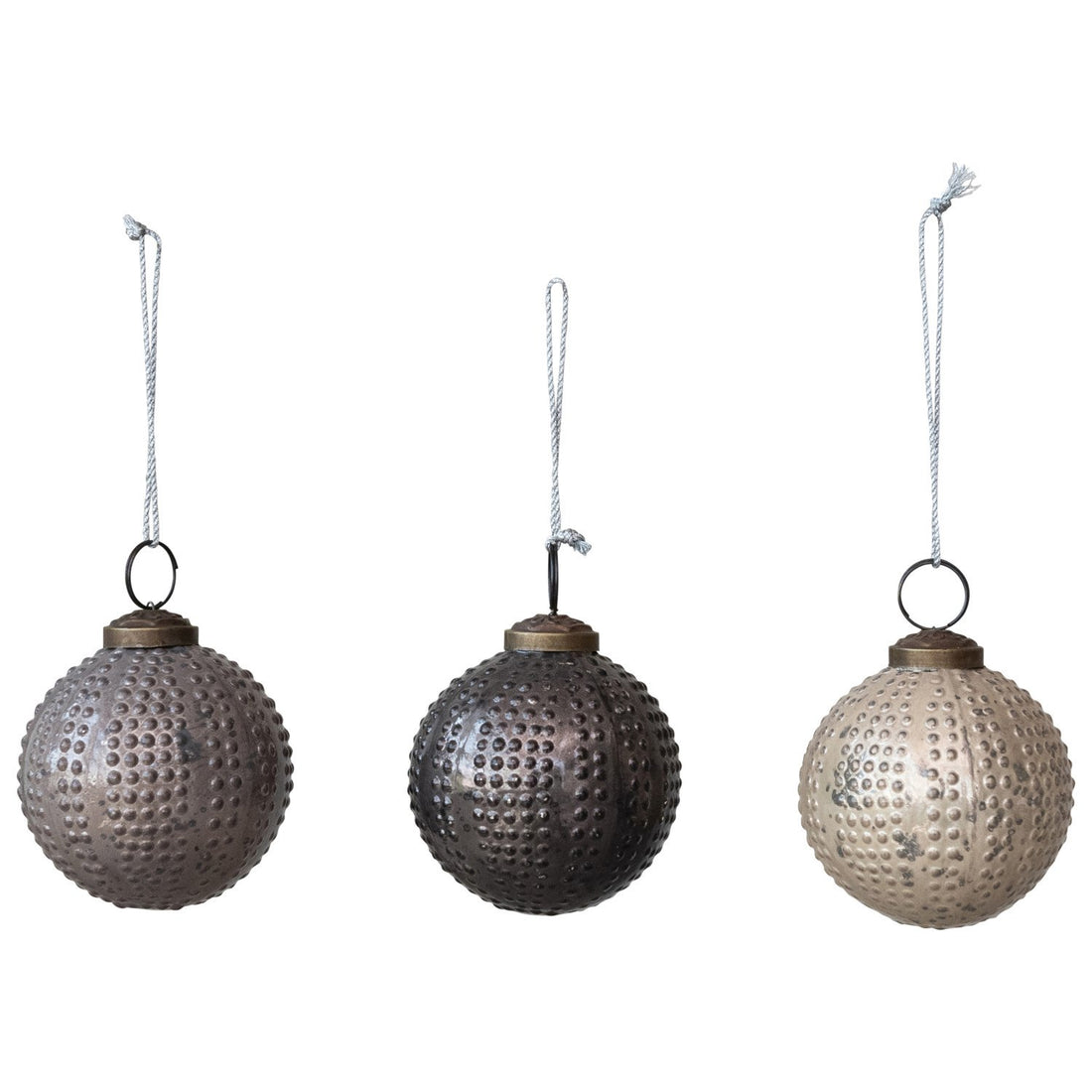 3" Round Glass Hobnail Ball Ornament, Distressed Finish, 3 Colors