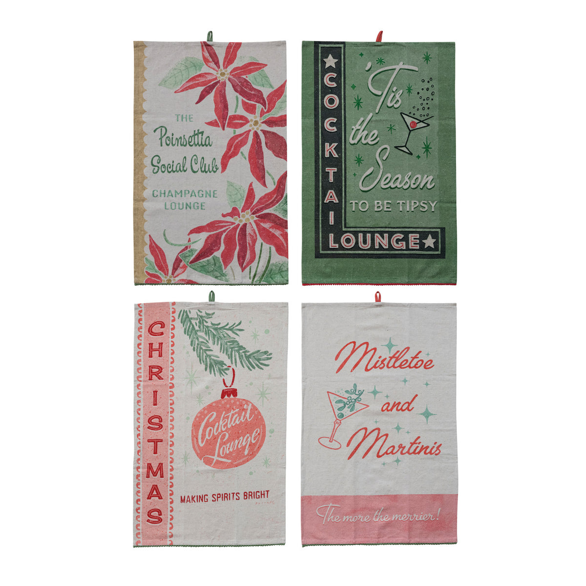 Cotton &amp; Linen Printed Tea Towel with Holiday Bar Saying, Image &amp; Pom Pom Trim, 4 Styles ©