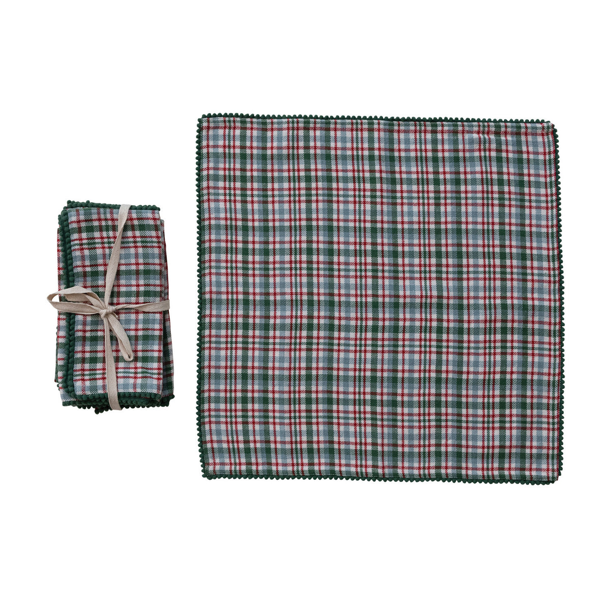 Woven Cotton Napkins with Plaid Pattern &amp; Mini Pom Pom Trim, Set of 4 Tied with Cotton Tape