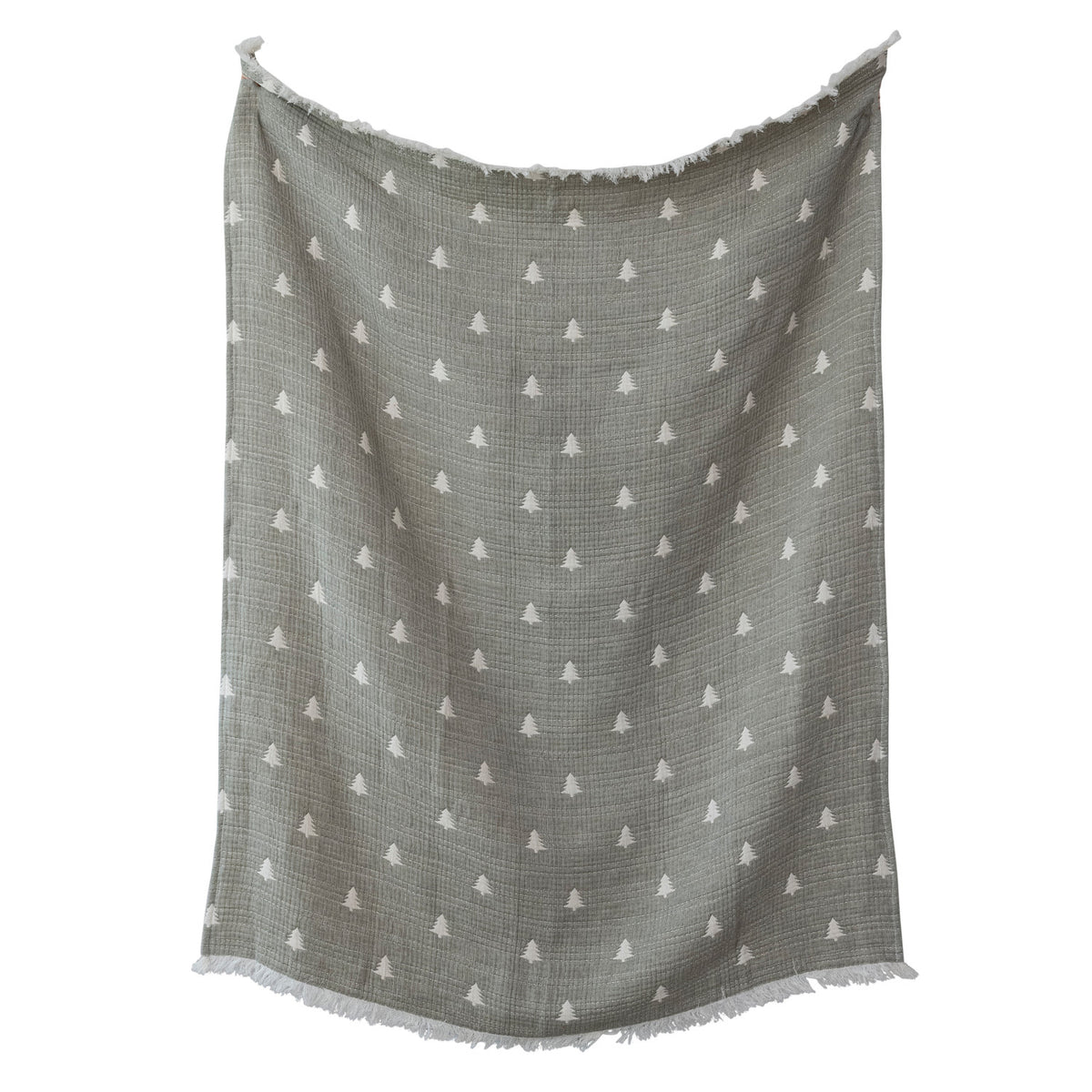 Cotton Double Cloth Throw with Trees, Eyelash Fringe &amp; Hand-Embroidered Kantha Stitch