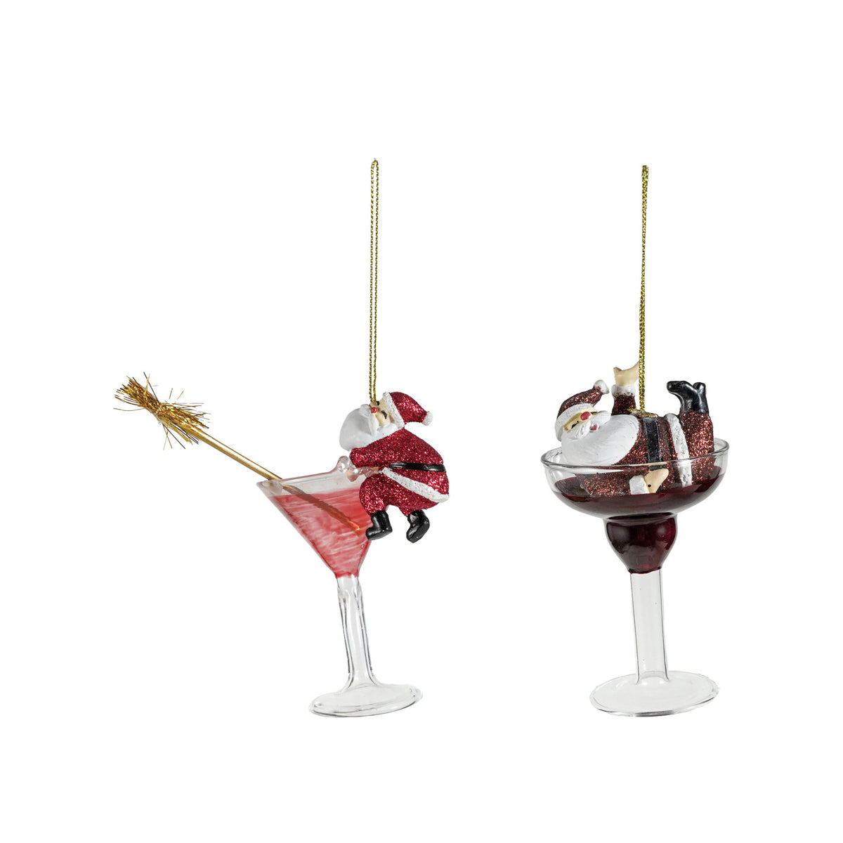 Glass Cocktail Ornament with Tipsy Santa, 2 Styles